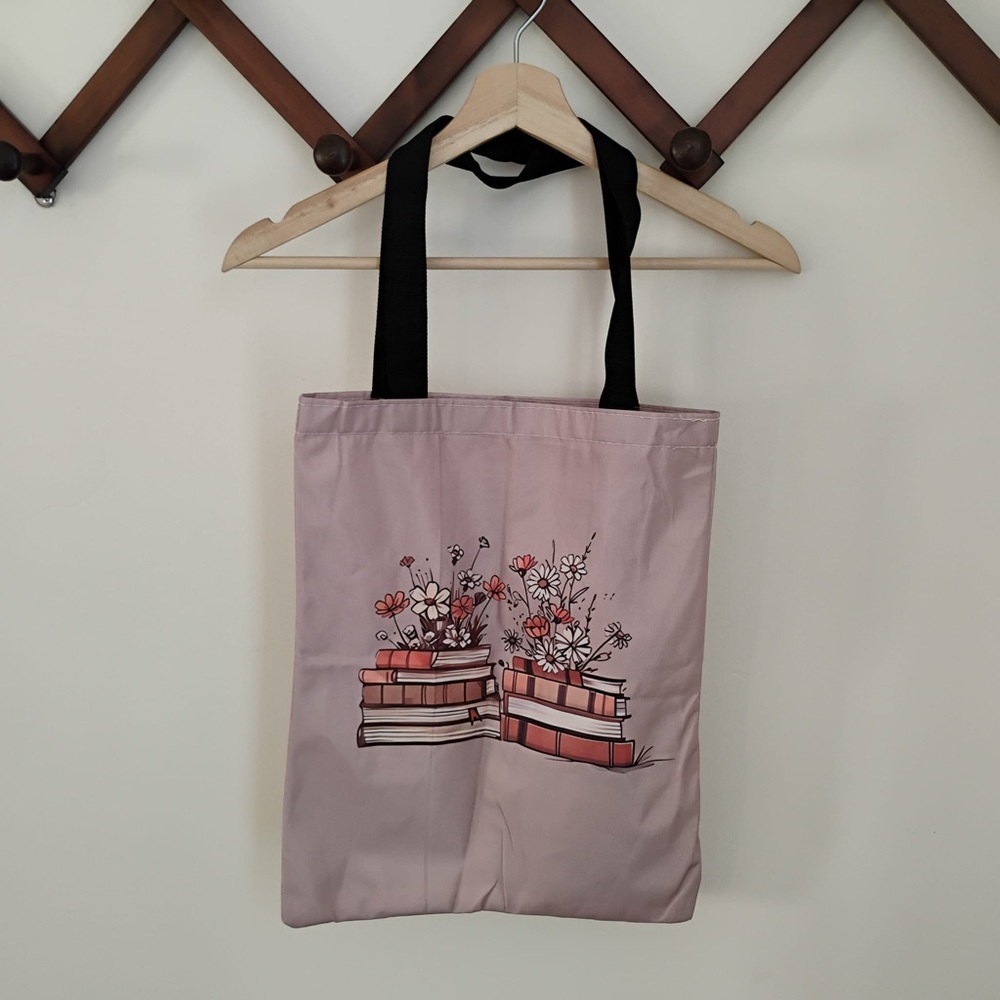 Bookish Floral Print Tote Bag - Pinkish gray